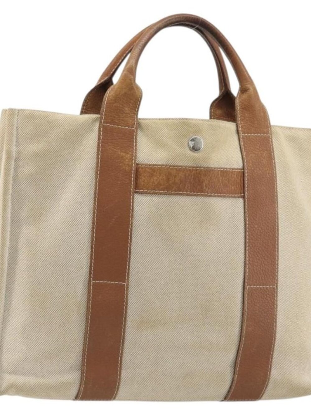 HERMES Sac Arne MM Hand Bag Canvas Beige Silver Auth bs34423